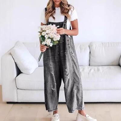 Womens Casual Denim Overalls Loose Adjustable Strap Fo