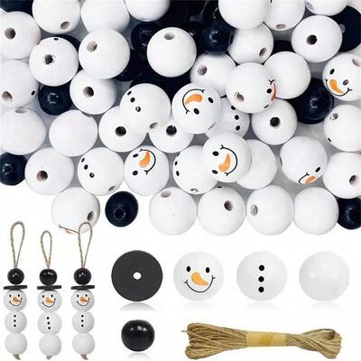 50 Pcs Christmas Snowman Wooden Beads DIY Craft Kit,