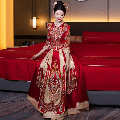 缎面秀禾服婚服小个子150新娘结婚夏季 嫁衣出阁高级感敬酒龙凤挂