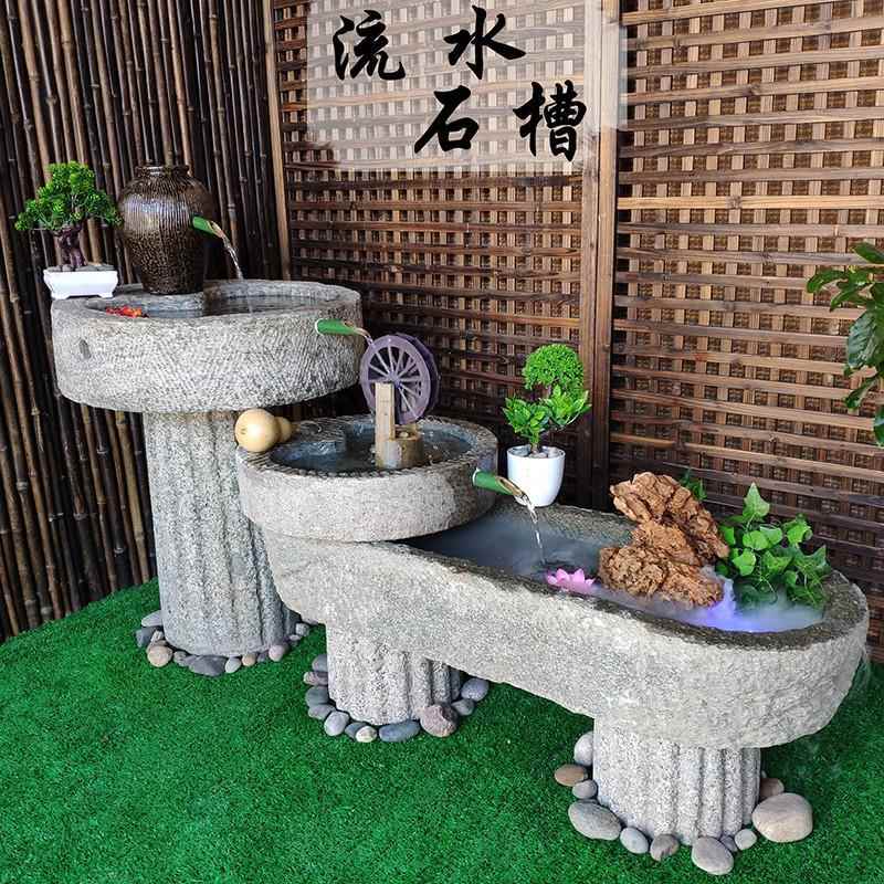 老旧石槽圆角水槽石头花盆鱼缸室内阳台造景庭院石头流水景观摆件
