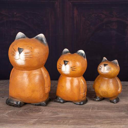 进口东南亚风格散步实木创意小猫木雕家居摆件复古小猫咪摆件