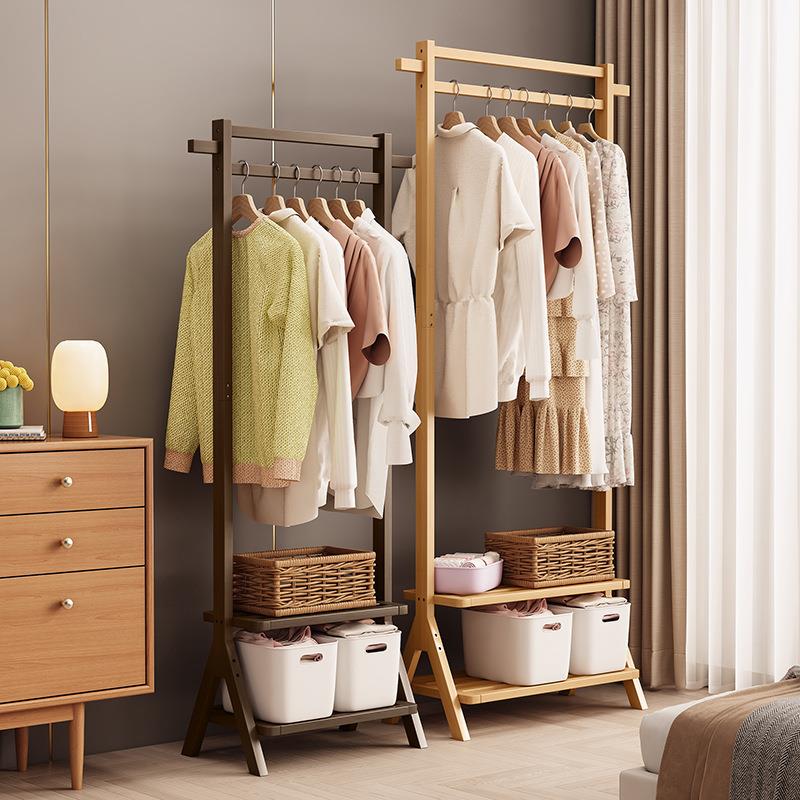 衣帽架卧室挂衣架子落地加粗家用立式晾衣杆简易实木轻奢置物架