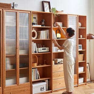 IL实木书柜日式 带玻璃门展示 家用樱桃木落地书架新中式