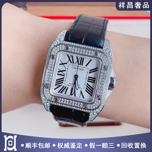 卡地亚山度士精钢后镶钻98新正品自动机械皮带男士手表W20106X8