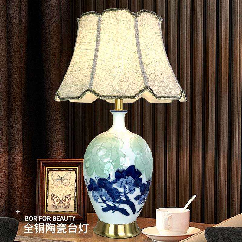 全铜座美式复古手绘花鸟陶瓷台灯客厅装饰台灯卧室床头灯