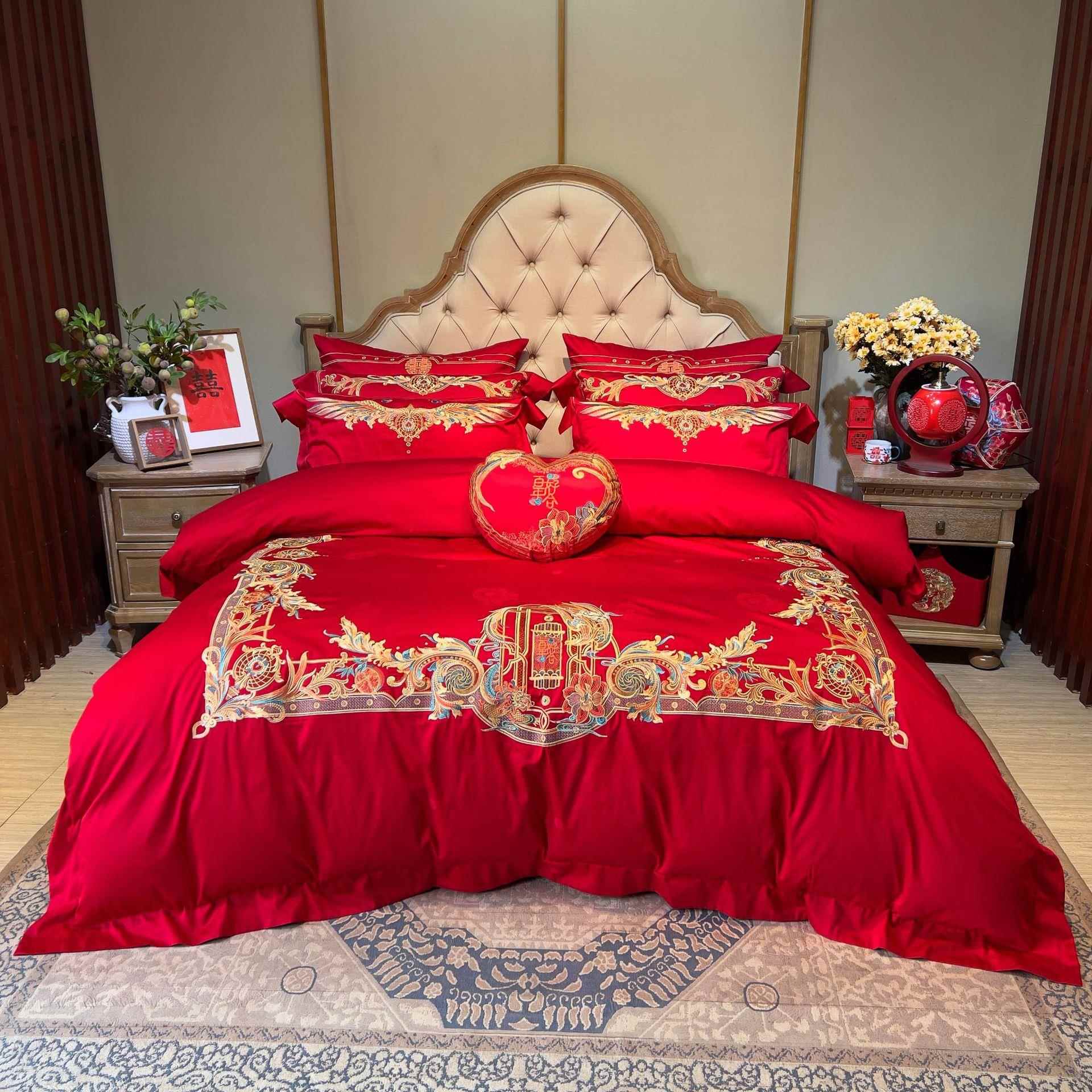 高端100S长绒棉重工艺刺绣中式婚庆喜被被套结婚床上用品四件套