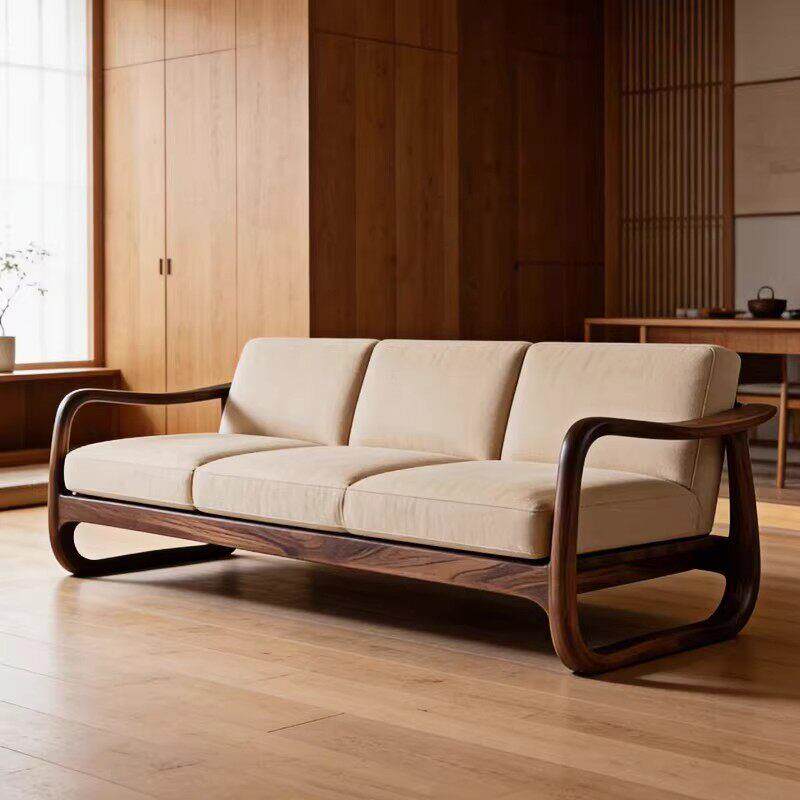 新中式实木沙发2026新款轻奢客厅高端黑胡桃木布艺直排三人位沙发