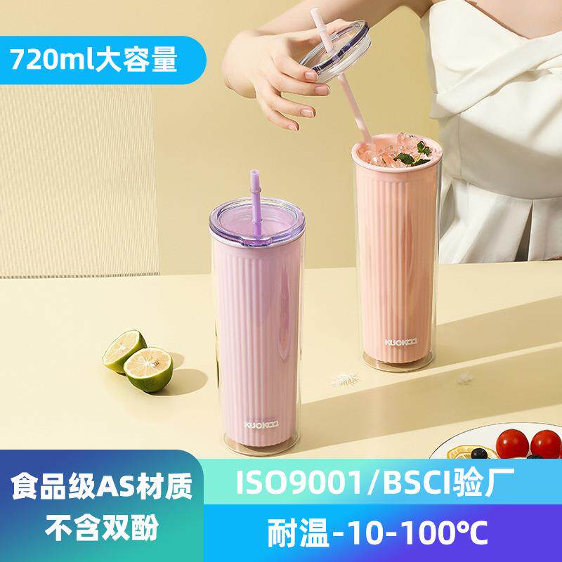 新款直销夏季学生直饮水杯带吸管女生大容量耐高温双层塑料吸管杯