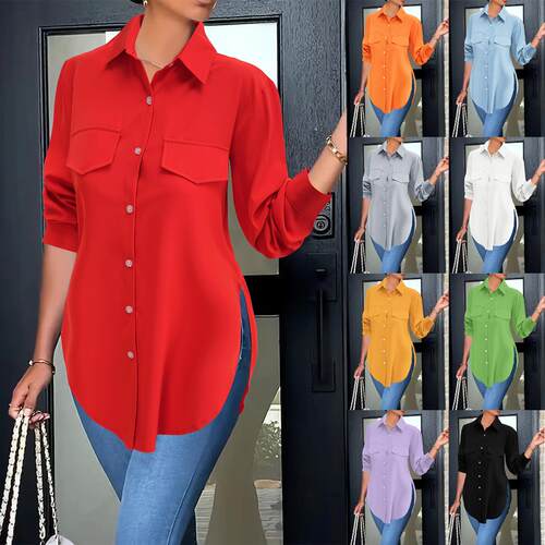 Women'S Plain Button Front Split Hem Shirt Blouse Casual