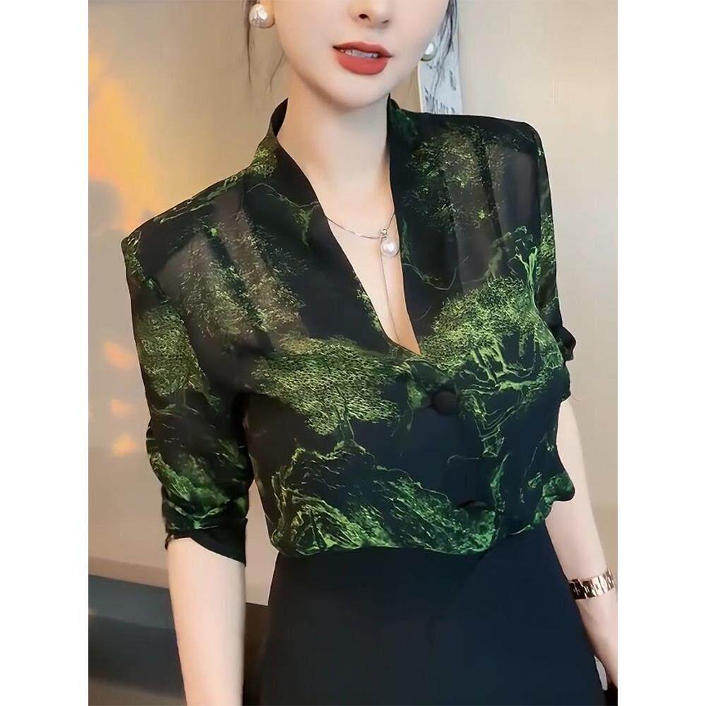 高档轻奢碎花刺绣微透修身V领衬衫女士夏季新款百搭大尺码法式上