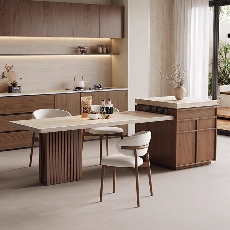 一体古风岛台家用餐桌多功能实木岩板伸缩胡桃洞石中岛高端小户型