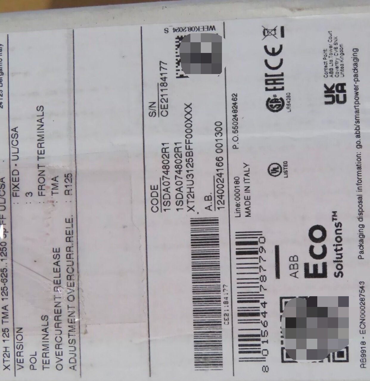 XT2HU3125BFF000XXX ABB断路器3P 48