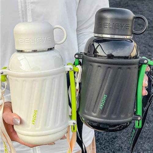 大容量便携大肚保温杯女生户外斜跨双盖直饮杯子学生上学喝水壶