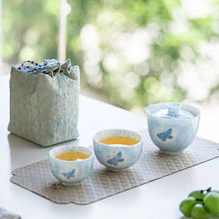 快客杯户外陶瓷泡茶小套装 手绘蝶恋花旅行茶具便携式 一壶两杯