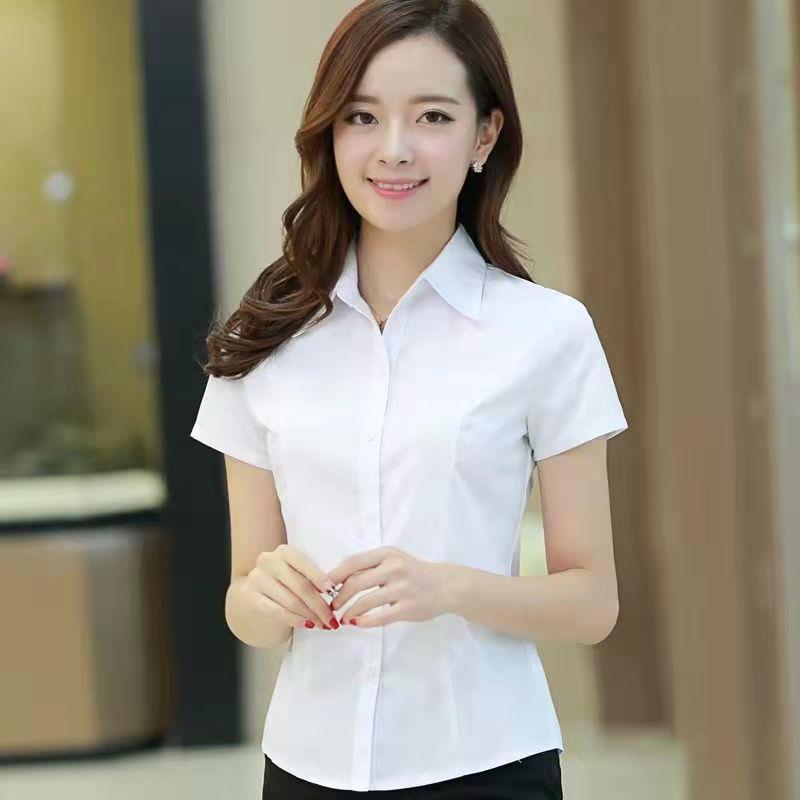 夏季V领职业衬衫女装正装短袖上衣工作服韩版白领办公前台衬衫女