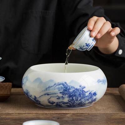 唯心造陶瓷大号茶洗缸手绘青花瓷茶具配件洗茶碗茶道零配笔洗水盂