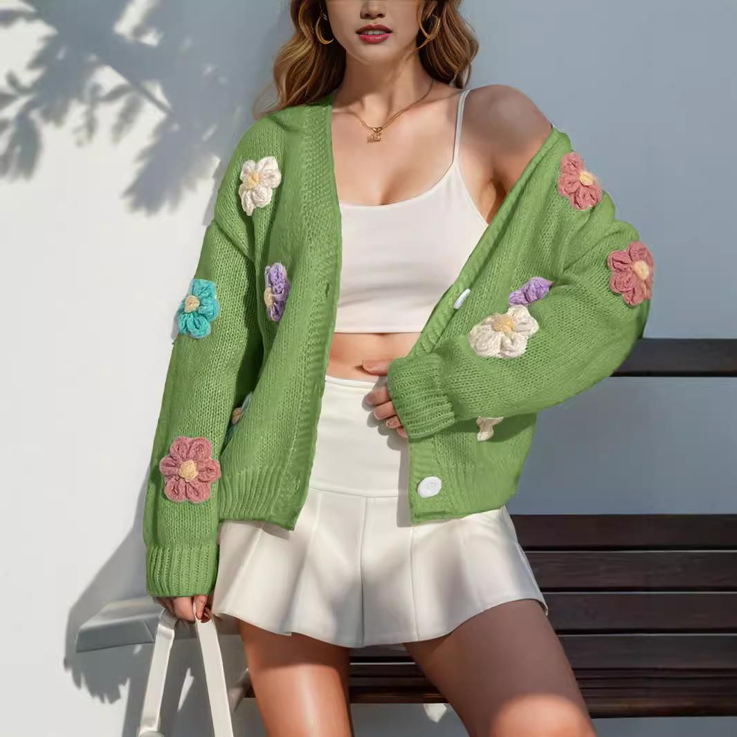 Sleeve Pattern Knit Cute Long Button Floral Cardigan Loose