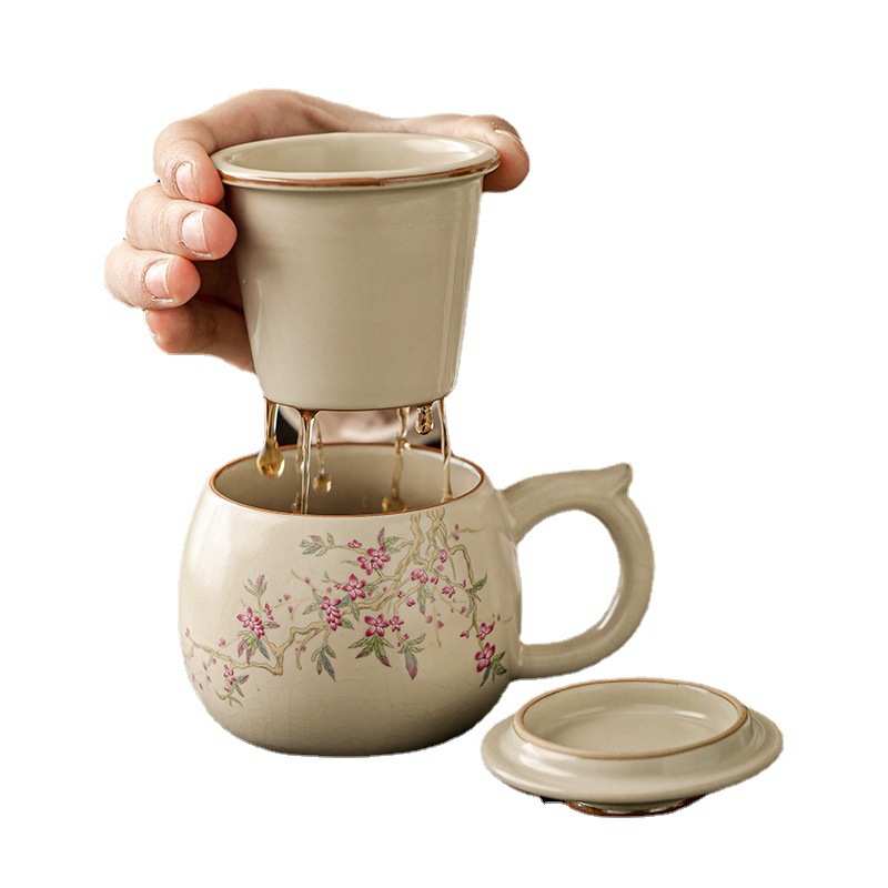 汝窑茶杯大容量陶瓷茶水分离带盖过滤泡茶水杯办公室个人专用杯子