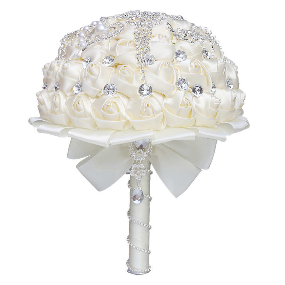 15CM 18CM 21CM 24CM婚庆缎带玫瑰花束韩式新娘水钻手捧花束W2285