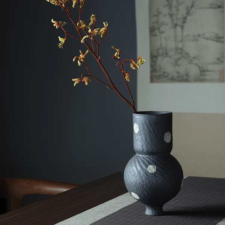 陶艺家中式粗陶花瓶 景德镇手作银彩花器 纯手绘花插批发