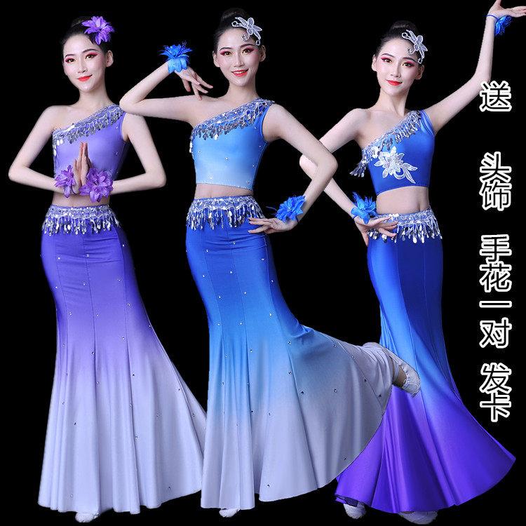 25年新款女傣族舞蹈演出服孔雀艺考服修身包臀鱼尾裙西双海蓝练功