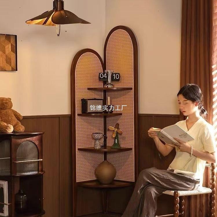 实木角置客厅复古沙发墙柜边577藤编架子中古物卧室拐角三角柜收