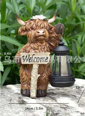 跨境新品 Solar Highland Cow Outdoor Statue with Lantern