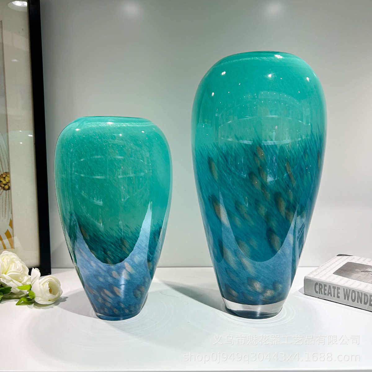 新中式渐变孔雀翎手工大口径琉璃花瓶电视柜博古架高级样板间摆件,家居饰品,花瓶,淘宝优惠券,粉丝福利购,淘宝优惠卷