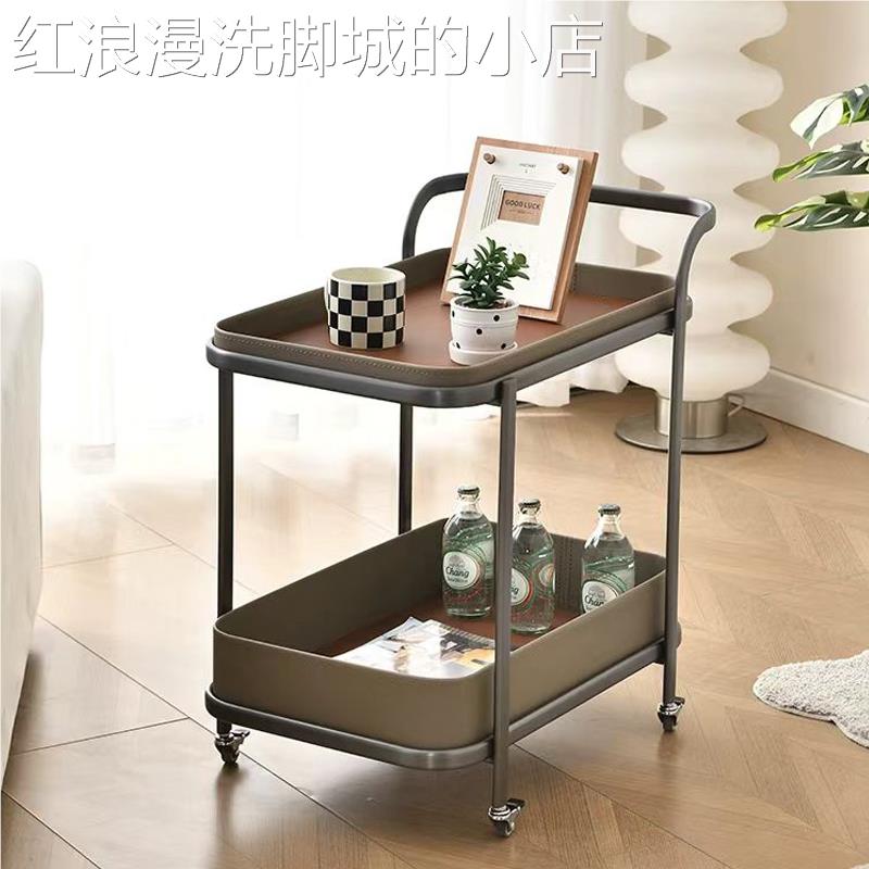 轻奢马鞍皮移动沙发边几小推车茶几客厅钛家用角几床头柜带轮餐车