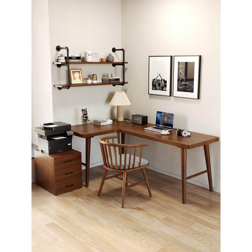 严选飘窗转角实木书桌家用高低脚创意阳台桌L型电脑桌靠窗学习桌