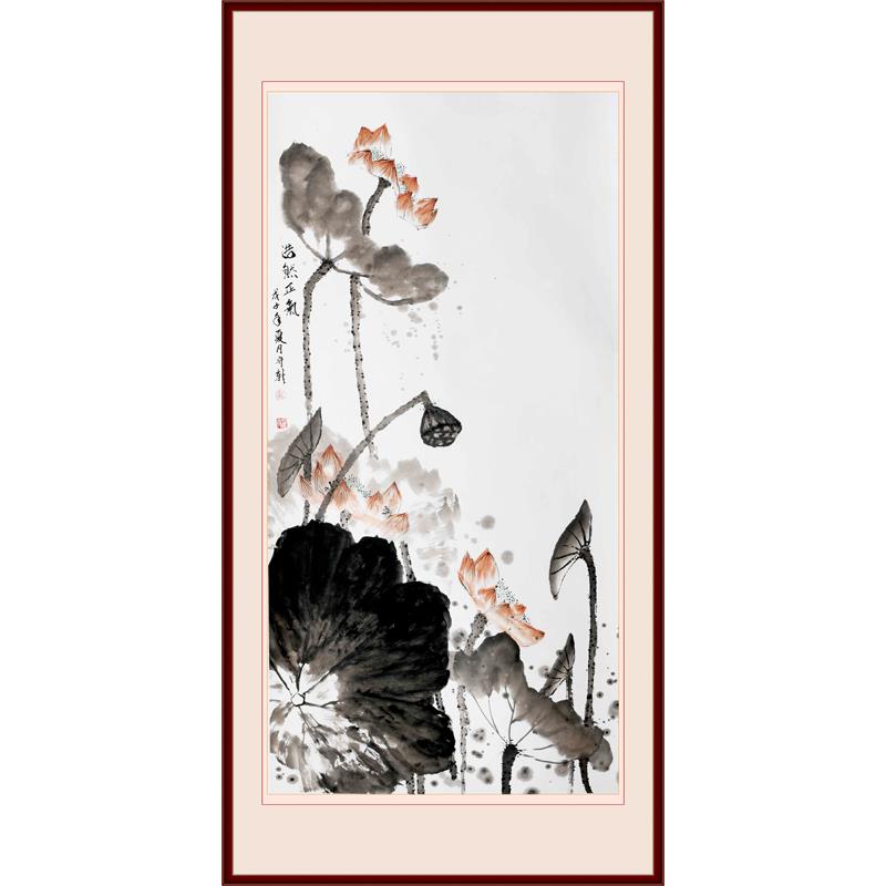 装饰画客厅沙发玄关背景墙画无框画心芯山水国画竖版九鱼荷花图图片