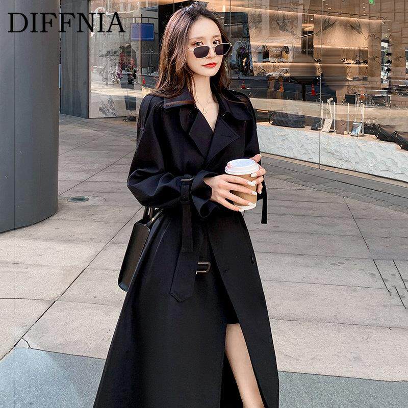 DIFFNIA 风衣外套女黑色春秋新款流行中长版气质英伦风小个子大衣