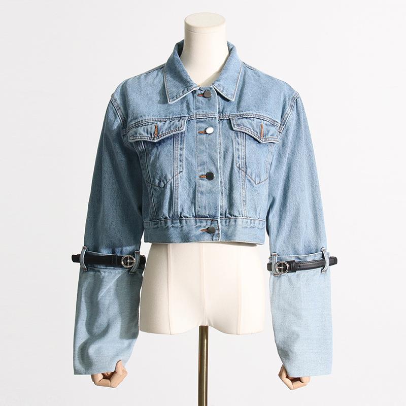 women for jacket belt matching color jacket denim short