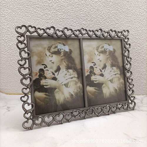 厂家源头金属时尚欧式复古横式双框锡色金属相框，