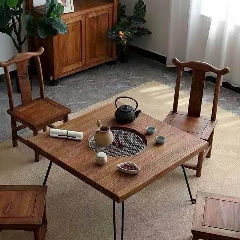 复古榆木茶桌实木家用围炉桌方形铁腿桌六边形餐桌家用烧烤桌