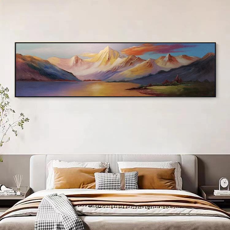纯手绘床头装饰画日照金山印象风景油画卧室横幅长条挂画肌理光感