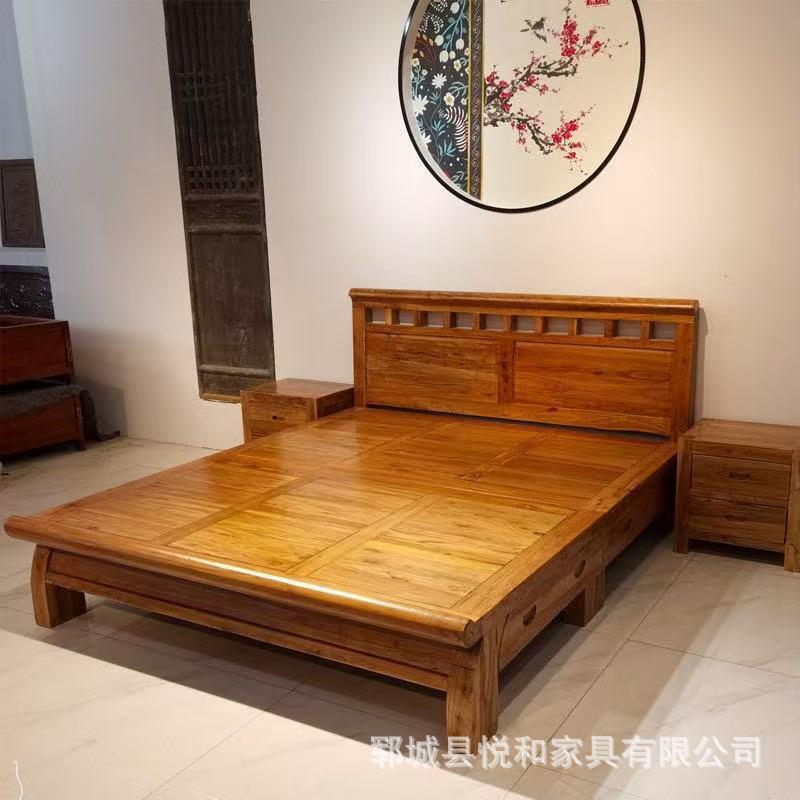 新中式老榆木双人床简约复古民宿大床做旧家具储物床家用卧室婚床