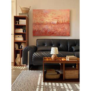 抽象派肌理手绘油画涂鸦波洛克客厅沙发背景墙挂画暖色系横版挂画