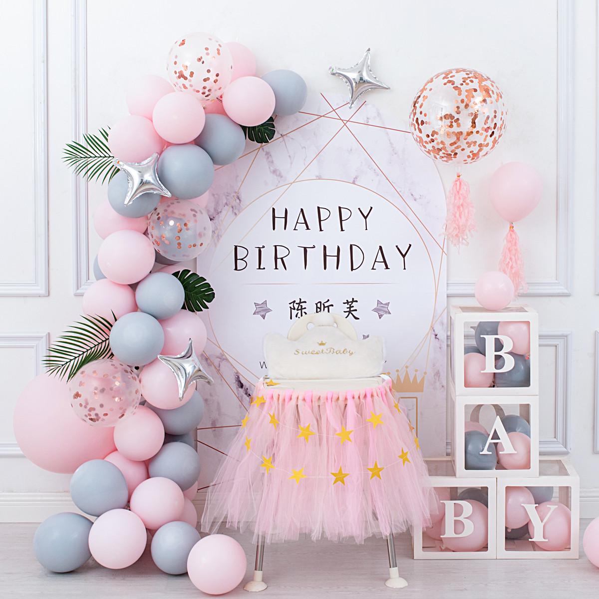 女孩宝宝1周岁生日布置场景装饰儿童一百天百日宴满月背景墙海报2