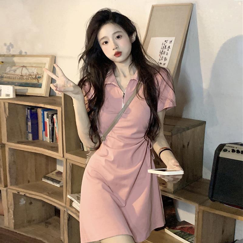 粉色连衣裙女秋季Polo领收腰显瘦运动风抽绳短裙法式掐腰t恤裙子