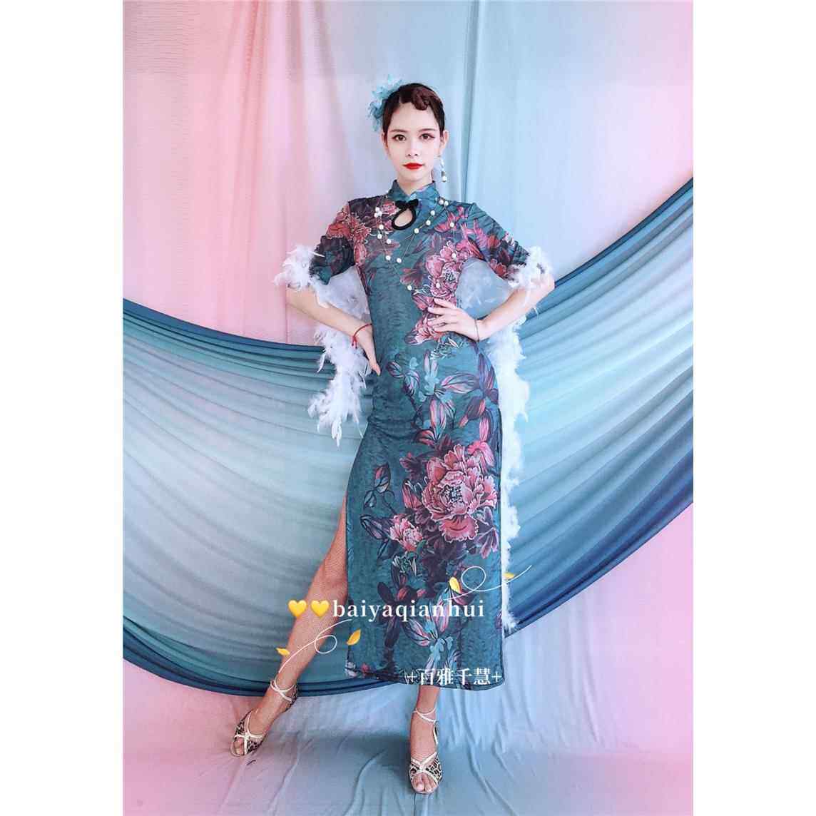 正品雅千慧拉丁舞古典练舞2025春夏印花旗袍表演童出服习服儿练百