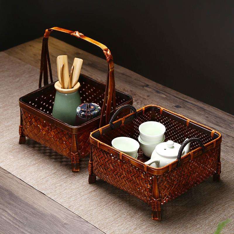 纯手工竹编提篮茶具收纳篮水果竹制品户外采摘篮野餐篮竹篮竹子