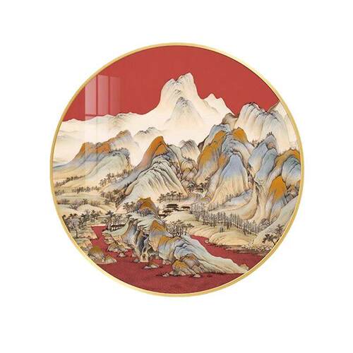 酒店走廊大气灯画新中式客厅圆形挂画玄关过道档意境山水装饰画