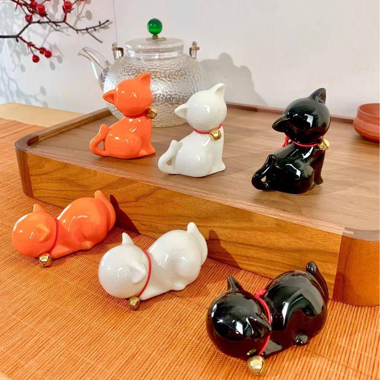 网红可爱猫咪陶瓷摆件茶宠小家居装饰品景点小礼品礼物白瓷青瓷