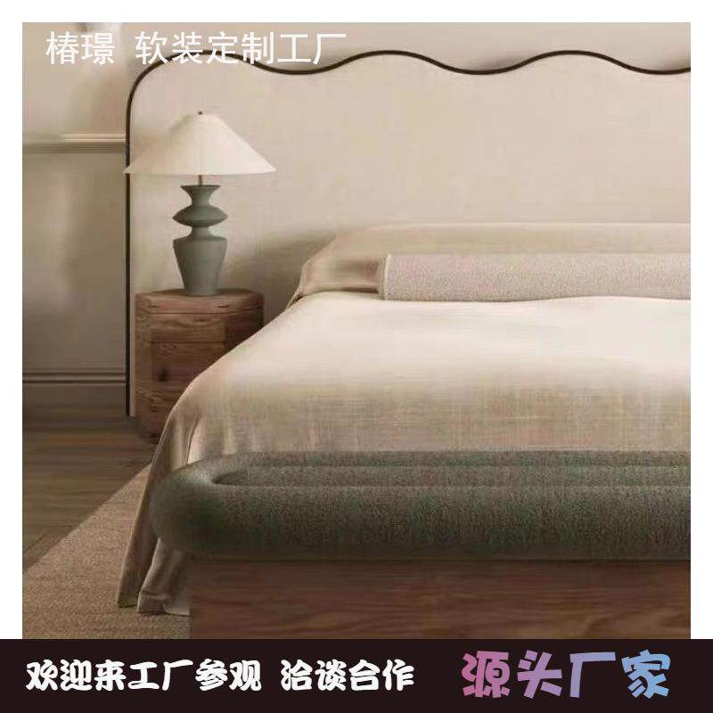 复古奶油风棉麻布艺宽屏软包床卧室民宿简约波浪造型双人婚床