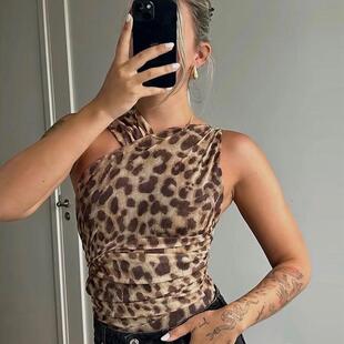 Women Leopard Print Asymmetrical Neck Ruched Mesh Slim