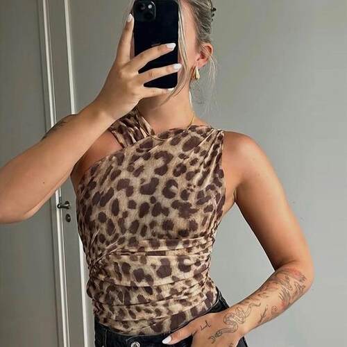 Women Leopard Print Asymmetrical Neck Ruched Mesh Slim