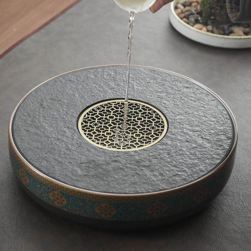 批发乌金石茶盘家用储水茶托盘圆形简约陶瓷干泡茶台沥水盘大茶盘
