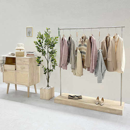 服装店衣架女装专用中岛货架不锈钢拉丝银落地原木色童装店展示架