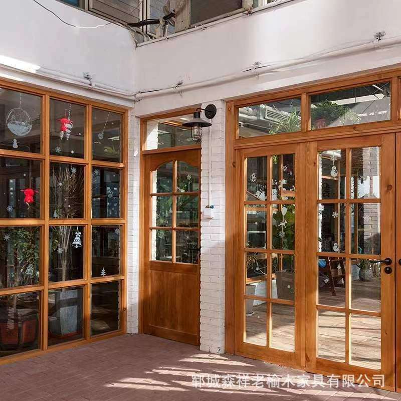 榆木门折叠推拉日式风格窗OWK上翻床原木复古老玻璃门卧室单开窗
